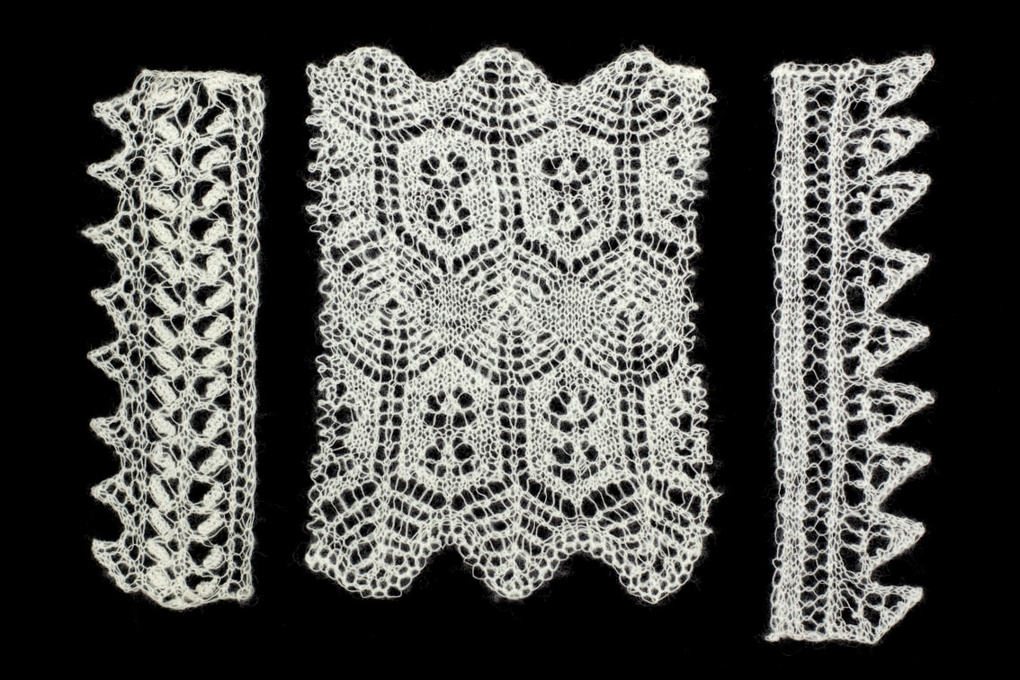 Openwork hand knitwear design swatches by Alice Starmore