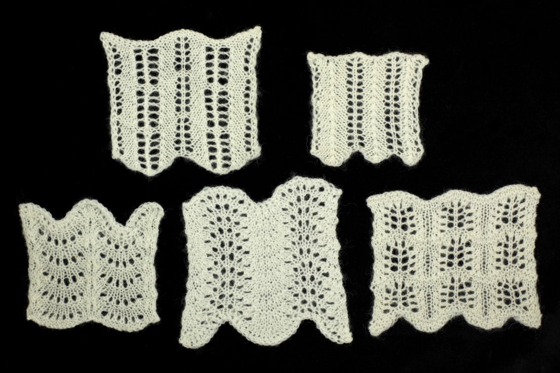 Openwork hand knitwear design swatches by Alice Starmore