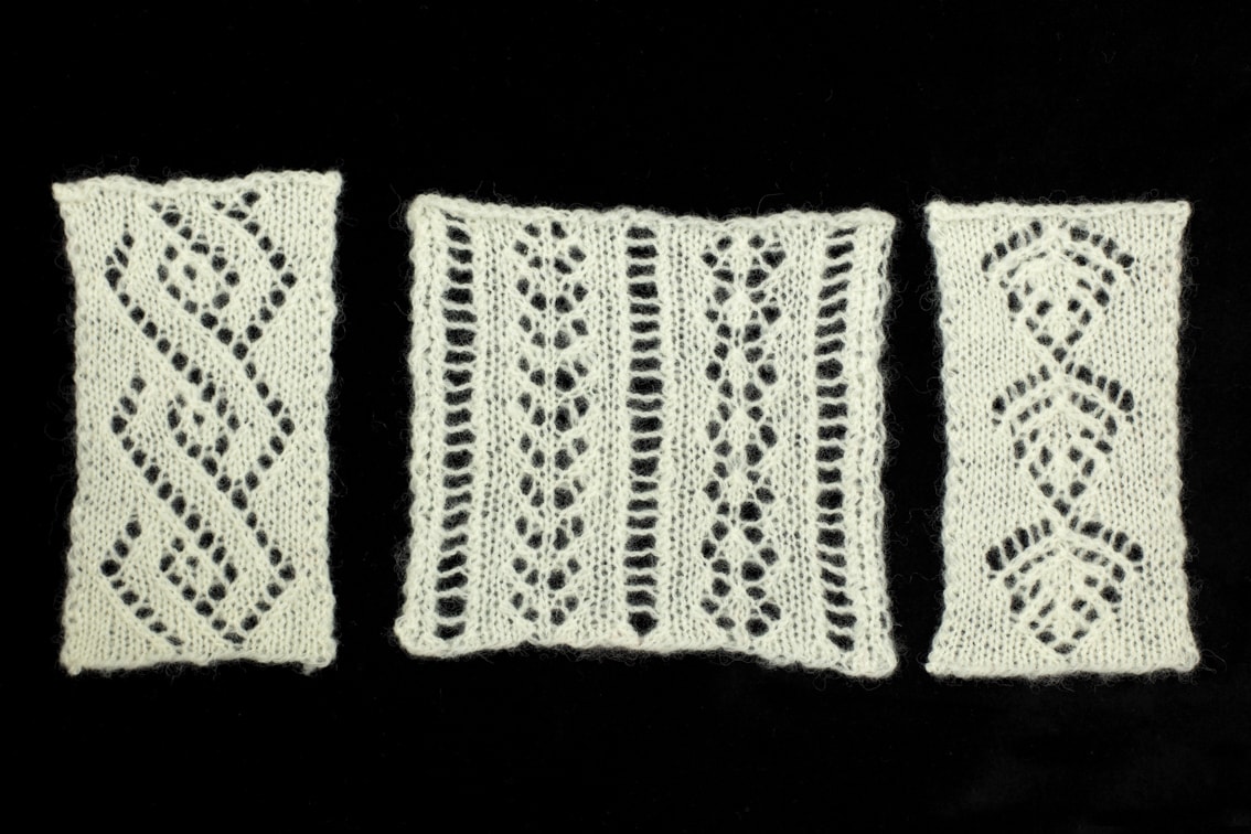 Openwork hand knitwear design swatches by Alice Starmore