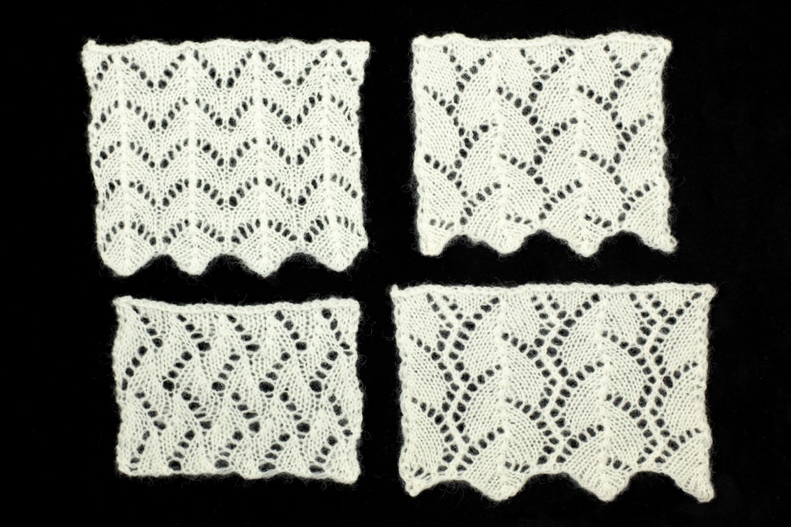 Openwork hand knitwear design swatches by Alice Starmore