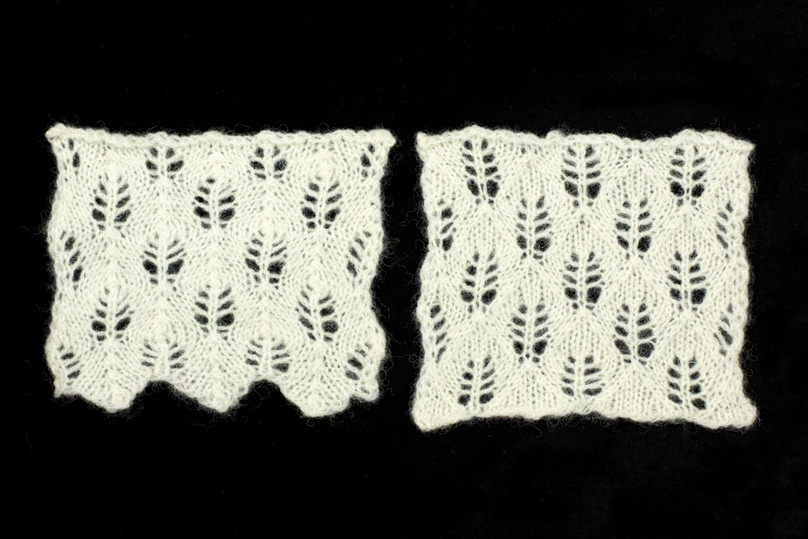 Openwork hand knitwear design swatches by Alice Starmore