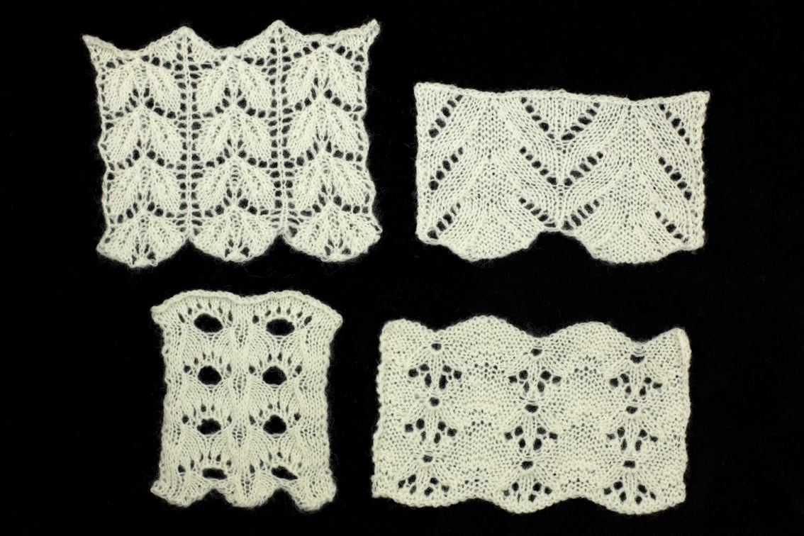 Openwork hand knitwear design swatches by Alice Starmore