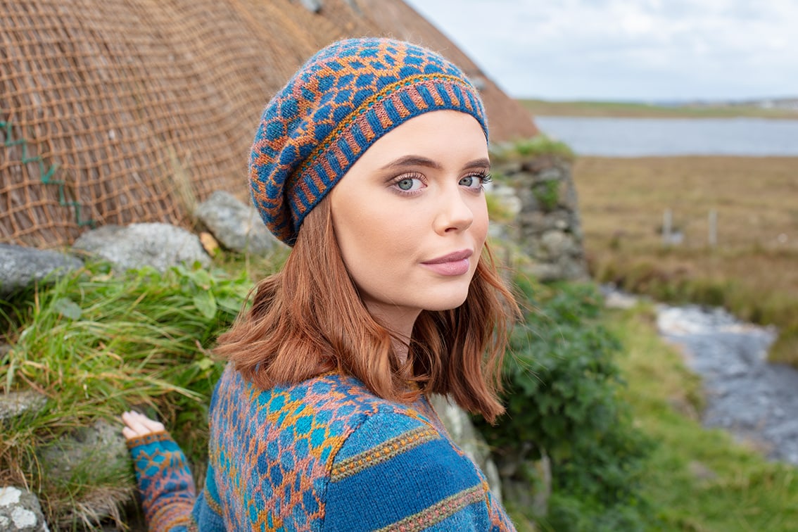 Damselfly hat set hand knitwear design by Alice Starmore for Virtual Yarns