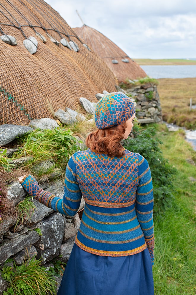 Damselfly hat set hand knitwear design by Alice Starmore for Virtual Yarns