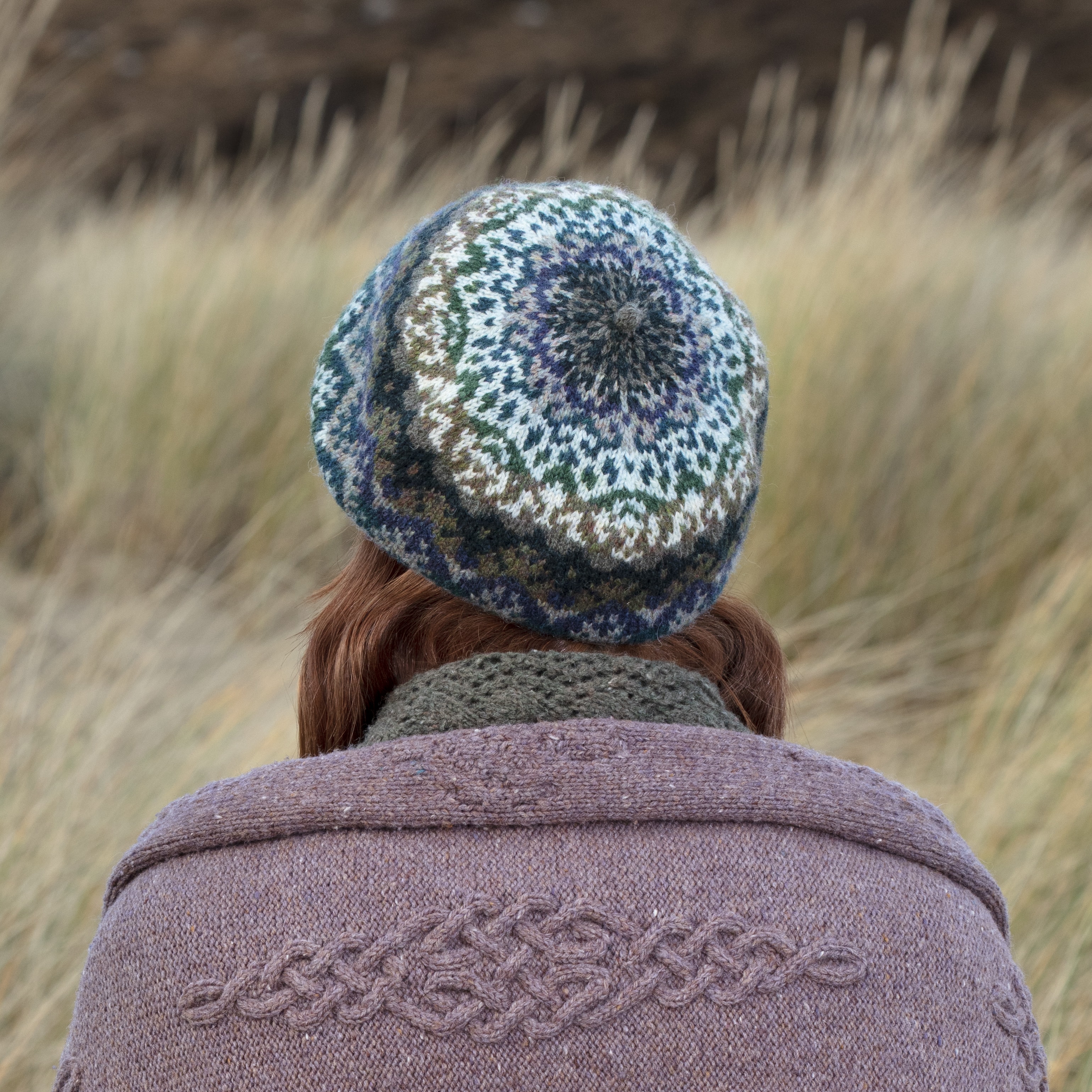 Hand Knitwear design Merveille Du Jour hat set by Alice Starmore in Virtual Yarns Hebridean Yarn