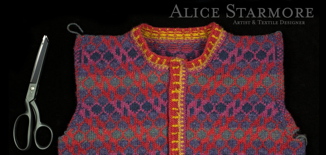 Damselfly in progress hand knitwear design by Alice Starmore for Virtual Yarns